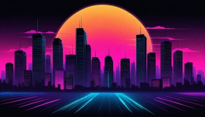 digital painting A retro sunset cityscape with sil (6)