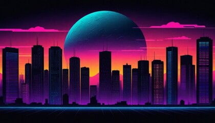 digital painting A retro sunset cityscape with sil (8)
