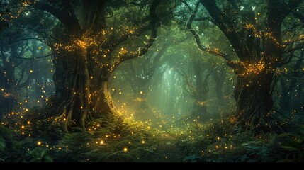 An enchanted forest with magical creatures, glowing plants, ancient trees, a hidden fairy village, mystical ambiance. Resplendent. - obrazy, fototapety, plakaty