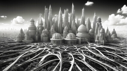 Ciudad futurista con arquitectura avanzada y autopistas entrelazadas, ciencia ficción. - obrazy, fototapety, plakaty
