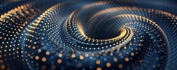 Data golden points swirling in spiral on dark blue background, Abstract futuristic background limitless possibilities and horizons of IT technology in the future - obrazy, fototapety, plakaty