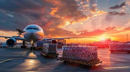 Cargo airplane being loaded with freight containers at busy international airport, logistics and transportation concept