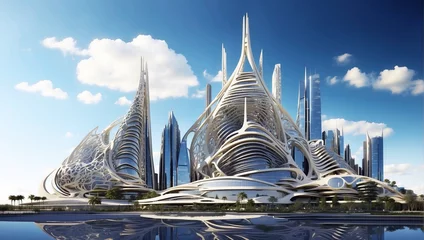 Fotobehang Reflejo de la arquitectura futurista orgánica y rascacielos en un día soleado © Nautilus One