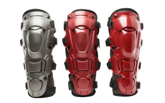A pair of gleaming red and silver knee guards shimmering against a dark background