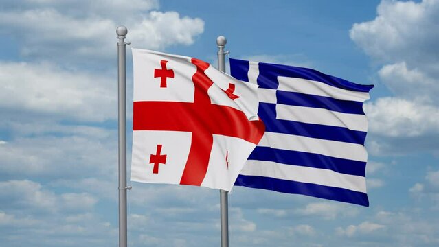 Greece and Georgia two flags waving together, looped video, two country relations concept