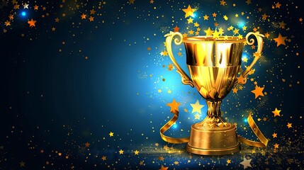 Champion Golden Trophy with Stars on Dark Blue Background, Success and Achievement Concept, Digital Illustration