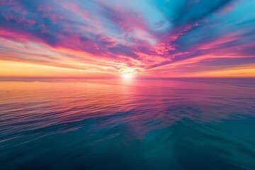 Obraz premium Aerial view of a vibrant sunset over the ocean, painting the sky with streaks of orange, purple, and pink
