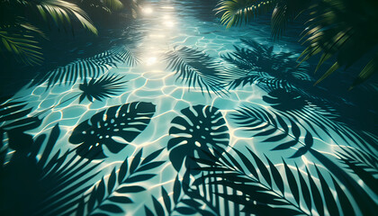 Fototapeta na wymiar shadows of tropical leaves on the water surface