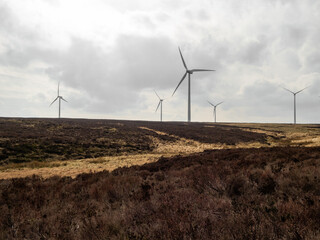 Wind turbines farm on the bleak Yorkshire moors. Power generation on a barren land in England. mountain landscape. Green power energy generation concept