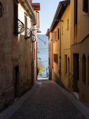 Tavernola Bergamasca, Bergamo, Italy. View of the street of the village. Town overlooking Lake Iseo