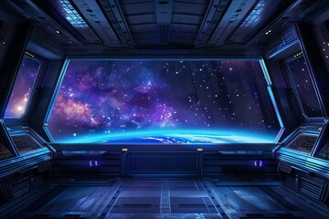 Sleek spaceship interior with a view of distant galaxies through the window, sci-fi digital art - obrazy, fototapety, plakaty