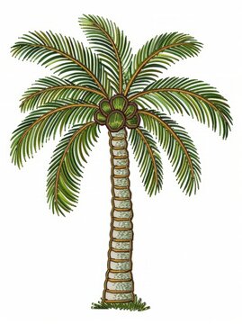 A detailed black and white drawing of a palm tree with long fronds and a textured trunk against a simple background