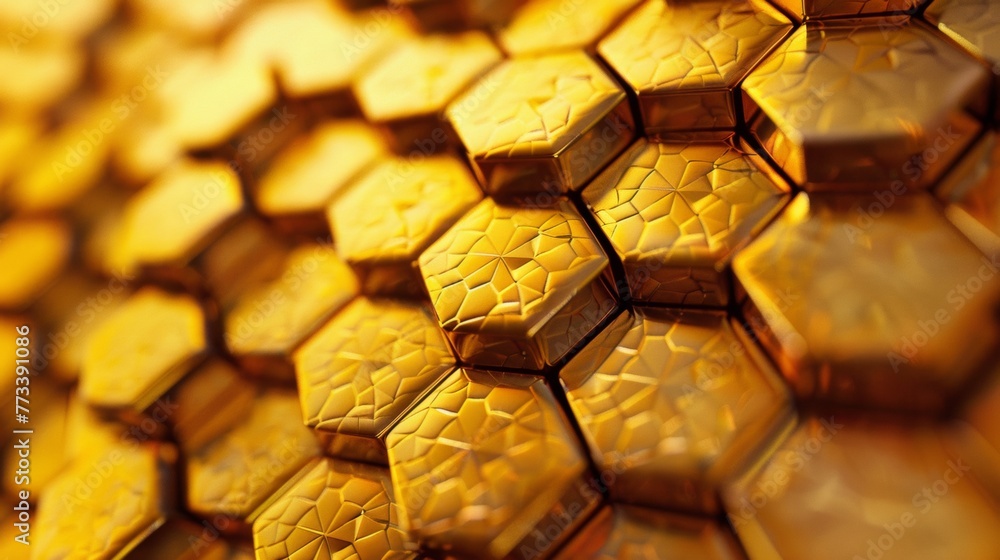 Poster geometric pattern inspired by honeycomb, precise hexagons, golden color scheme