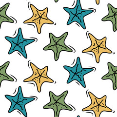 Fototapeta na wymiar Doodle summer seamless pattern with scattered abstract silhouettes starfishes. Cute background on marine theme for invitation, kids apparel. Vector colorful hand drawn illustration