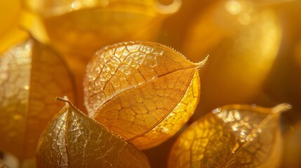 Closeup of golden Physalis peruviana or Cape Gooseberry fruit, macrophotography - obrazy, fototapety, plakaty