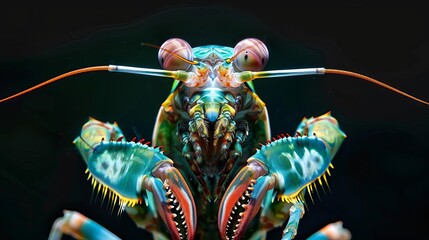 Close-up portrait of colorful mantis shrimp on black background, vibrant sea creature - obrazy, fototapety, plakaty