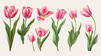 Fototapeta premium Collection of fresh natural pink tulip flowers bouquet set, floral design illustration