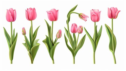 Collection of fresh natural pink tulip flowers bouquet set, floral design illustration