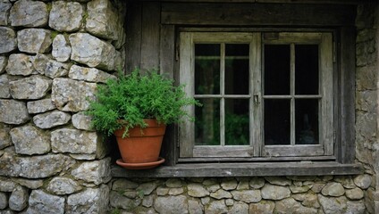 Close up view of a window of an ancient weathered wood house