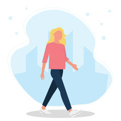 Woman walking in the city vector illustration in flat style, healthy lifestyle and mental health concept.