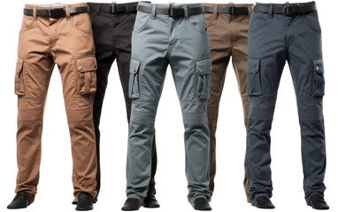 Three mens cargo pants in varying colors laid out neatly, showcasing their unique hues and utility - obrazy, fototapety, plakaty