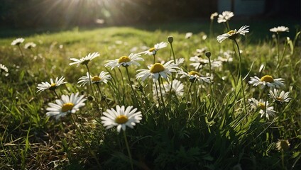 Fresh white daisies on a grassy outdoor terrain. The sun shines brightly casting warm light with soft shadows on the petals of the daisies - obrazy, fototapety, plakaty