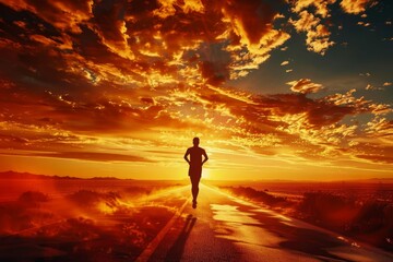 Silhouette of a determined runner on a desert road at dramatic sunset - Motivational sports concept