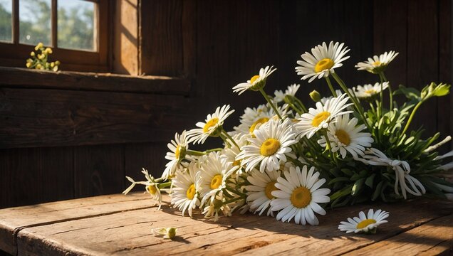 Bouquet of white daisies with bright yellow centres resting on a rustic wooden table