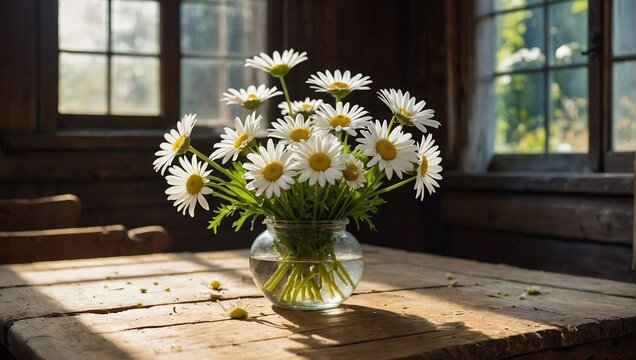 Bouquet of white daisies with bright yellow centres in glass vase resting on a rustic wooden table