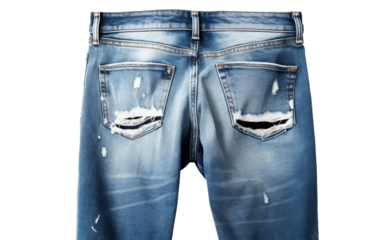 A unique pair of blue jeans with stylishly placed rips and holes