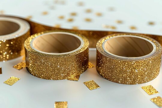 Shiny gold glitter washi tape roll, sparkly metallic adhesive ribbon for crafting and decorating, realistic 3D illustration
