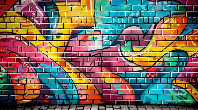 Colorful Graffiti Art Mural on Urban Brick Wall, Street Art Culture, Vibrant Spray Paint Design, Digital Illustration