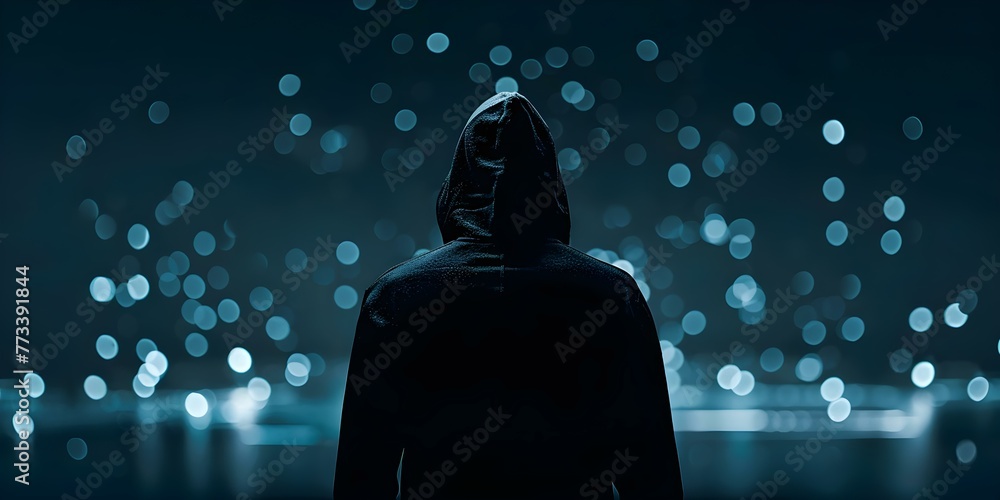 Poster silhouetted figure in hoodie against digital interfaces embodying mysterious hacker. concept cyberse