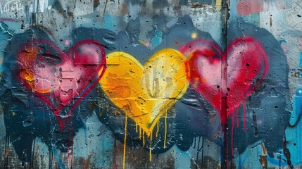 Colorful graffiti hearts, symbols of love and passion, spray-painted on grungy urban wall, street art photo