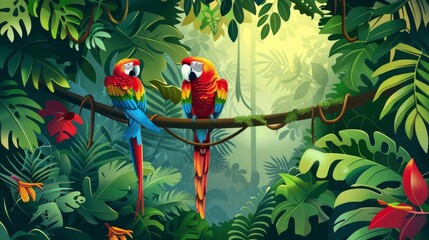 Colorful illustration of a tropical rainforest with vibrant parrots, lush vegetation