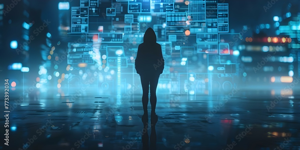Poster the enigmatic hacker: silhouetted figure in hoodie against digital interfaces in a futuristic cyber 