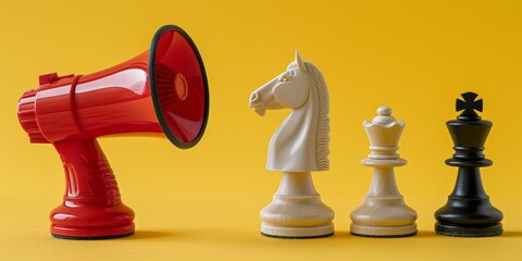 Red megaphone and chess pieces on yellow background