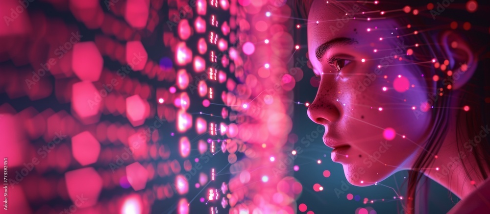 Poster girl and cybersecurity. a beautiful girl is looking at the computer screen, surrounded by digital da