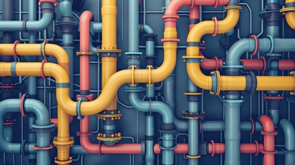 Colorful pipeline structure. 3D illustration of an industrial pipeline pattern with blue, yellow, and red pipes - obrazy, fototapety, plakaty