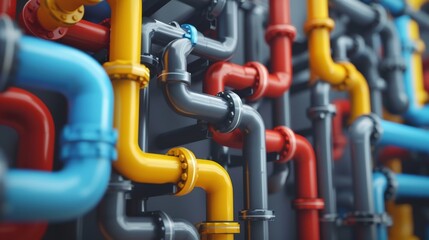 Network of colorful pipes on grey background. 3D rendering of industrial pipeline system.
