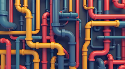 Complex network of multicolored pipes. Industrial pipeline system concept. 3D illustration with blue, yellow, red, grey pipes