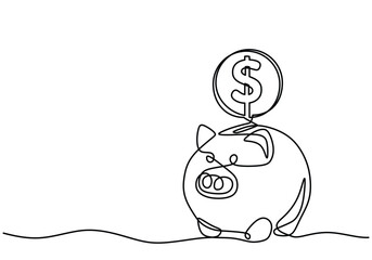 One continuous line drawing of piggy bank with dollar coin