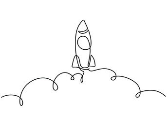 One continuous line drawing of Rocket space ship launch - obrazy, fototapety, plakaty