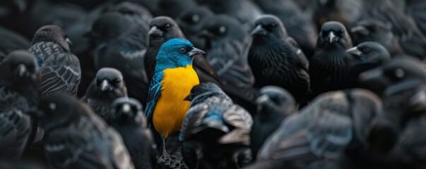 a Blue and yellow bird stands out among black birds, symbolizing the concept of standing apart from...