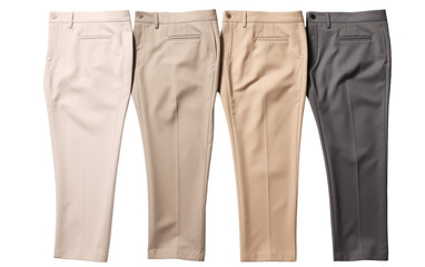 Four pairs of mens dress pants neatly lined up, showcasing various colors and styles