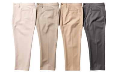 Four pairs of mens dress pants neatly lined up, showcasing various colors and styles