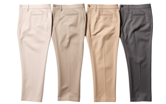 Four pairs of mens dress pants neatly lined up, showcasing various colors and styles
