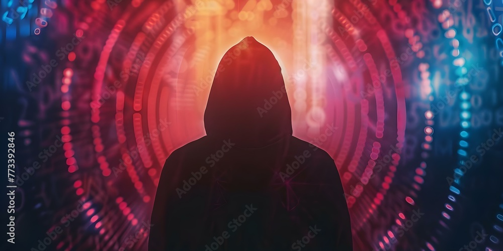 Poster silhouetted figure in hoodie against digital interface embodying mysterious hacker in futuristic cyb