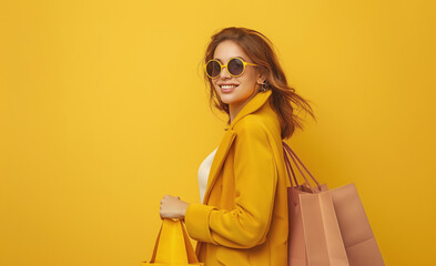 Happy woman with shopping bag in hands on yellow background