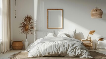 Cozy bedroom interior with coastal boho style decor and mockup frame, warm and inviting 3D rendering